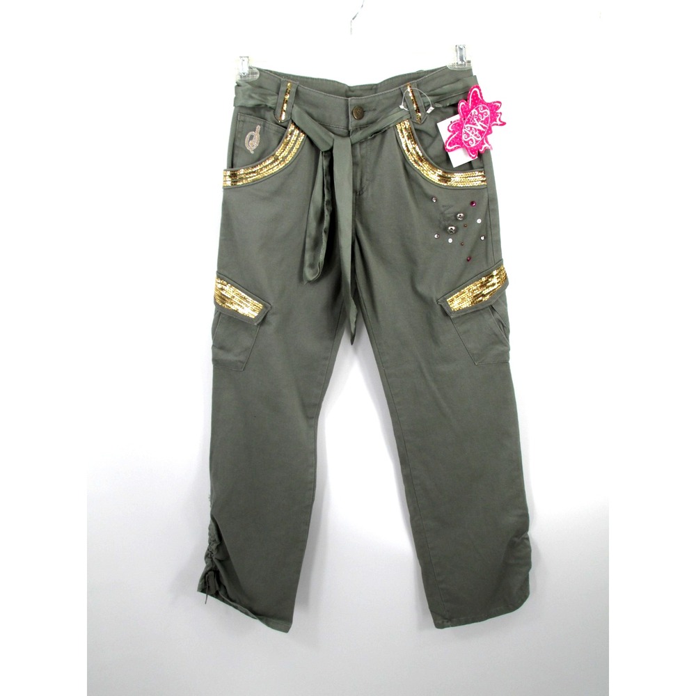 Stevies Girls Size 14 Khaki Cargo Pants Green Sequin Embellished Belted Y2K NWT